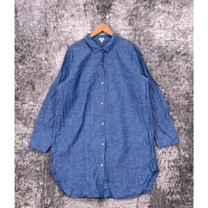 J Crew Top XL Womens Classic Fit Beach Button Shirt In Blue Linen Cotton Blend